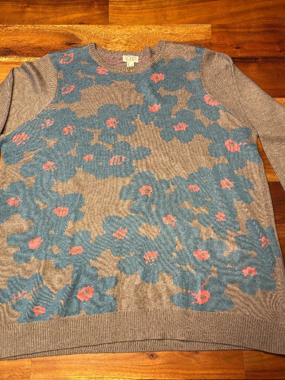 LOGO by Lori Goldstein Floral Jacquard Knit Sweater Gray Blue Pink - Large